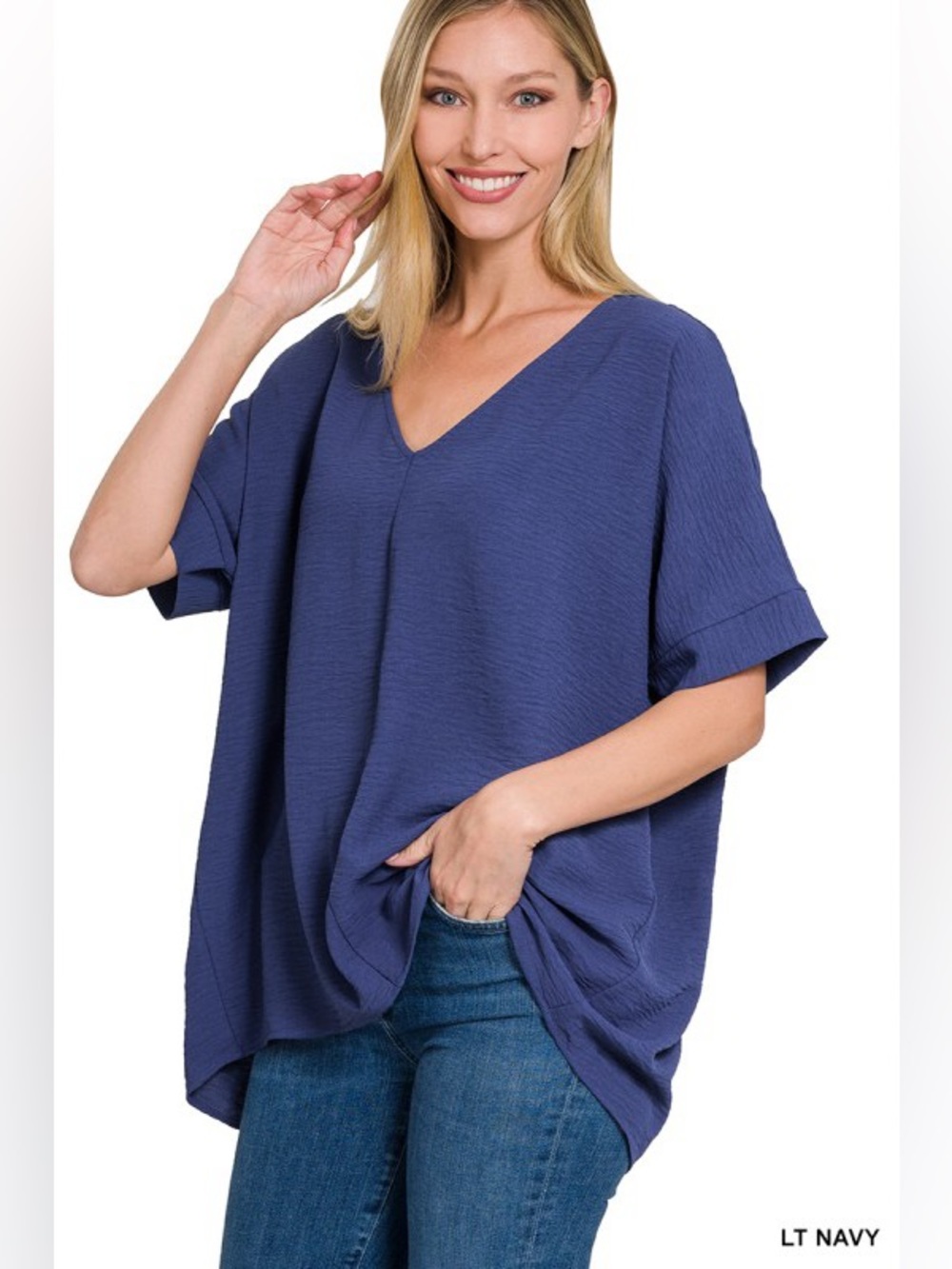 NAVY WOVEN AIRFLOW V-NECK DOLMAN SHORT SLEEVE TOP